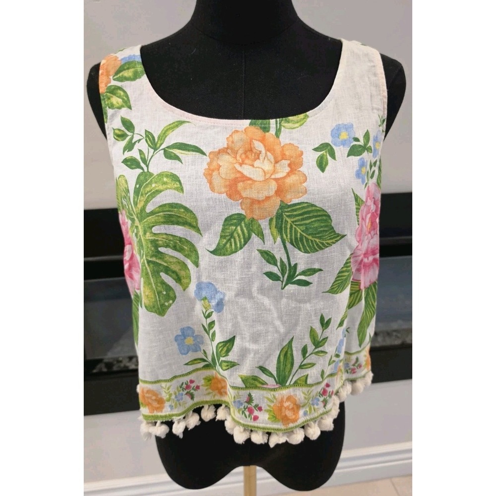 C&C California Linen Rayon Floral Pom Pom Crop Top Romantic‎ Boho Cottagecore S